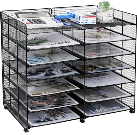 TQVAI 7 Niveles 12 Compartimentos Organizador Escritorio Bandejas Oficina A4 Papeles Organizador Documentos Revistero Archivador Material Oficina y Papeleria, Negro