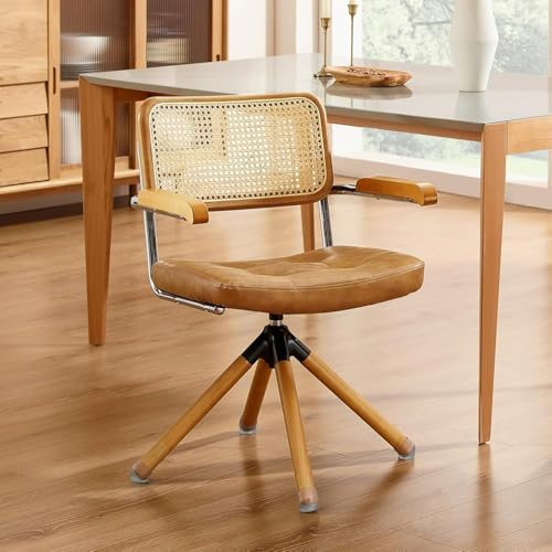 Zouron Rattan Desk Chair, Mid Century Modern Swivel Chair No Wheels, Faux Leather Upholstered Office Chair with Wood Legs, Accent Armchair for Home Office Living Room Bedroom, Brown