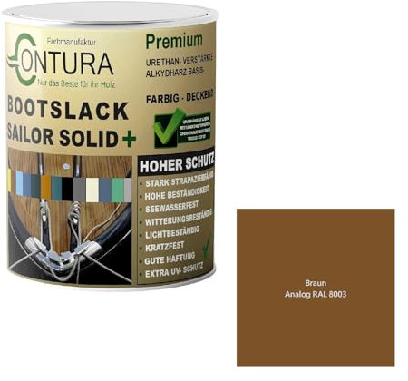 Contura Bootslack Farbig SEIDENMATT Yacht- Buntlack Metall Holz GFK Holzlack Boot Farblos (Braun - RAL 8003 Analog, 500ml.)