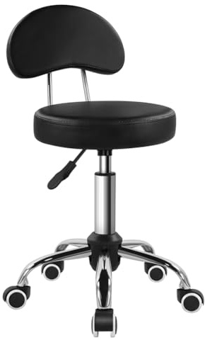 KKTONER Taburete Giratorio Taburete con Ruedas Taburete de Trabajo con Respaldo Regulable en Altura 48-64cm Asiento Tapizado de Cuero Sintético (Negro)
