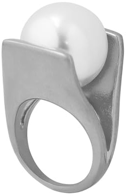 IMINI Grande Anello con Perla per Donne e Ragazze Anello con Perle Fascia per Dita Grossa Anelli di Fidanzamento Anelli di Nozze in Acciaio Inossidabile (7, Argento)