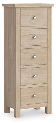 Farro Oak Tallboy 5 Drawer Chest of Drawers Bedroom Cabinet | Roseland Furniture Fully Assembled Contemporary Washed Oak Slim Solid Wood Storage Chest with Oak Top | 115 x 45cm