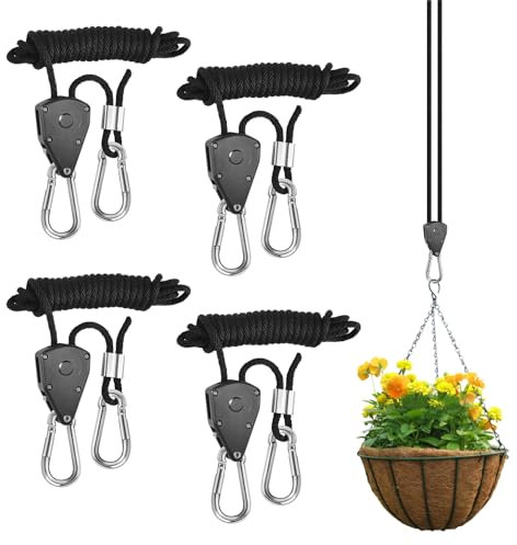 URAQT Ratchet Hanger Seilratsche, 4 Stück 2.4 M 1/8 Zoll Verstellbarer Seil Ratsche 150lb Seilaufhänger Ratschenseil Camping mit Haken für Pflanzenventilator Licht Zimmerpflanzen
