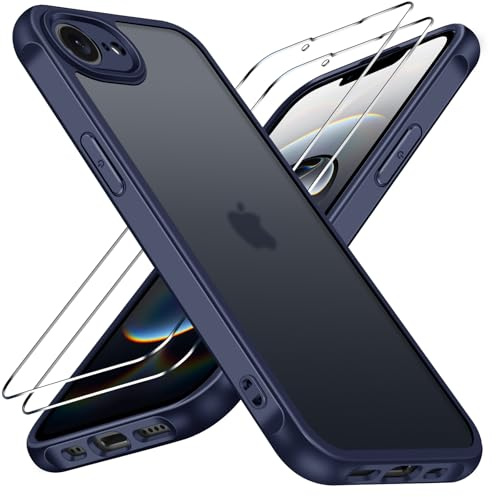 ivoler 3 in 1 Case for iPhone 17e/16e 2025 with 2 Pieces Tempered Glass Screen Protectors, Military Standard Shockproof Cell Phone Case, Matte Translucent Anti-Fingerprint Protective Case, Blue