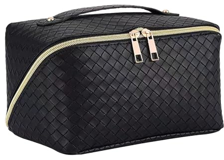 PU Makeup Bag, Large Capacity Travel Make Up Bag, Waterproof Portable Toiletry Bag with Divider and Handle Flat Lay Black Make up Organizer Travel Essentials (Black)