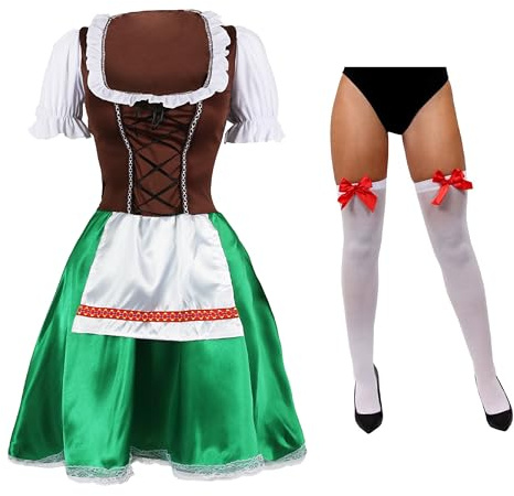 Ladies Oktoberfest Bavarian Beer Maid Costume - XXLarge - Green Dirndl Dress with Apron & White Thigh High Stockings with Red Bows