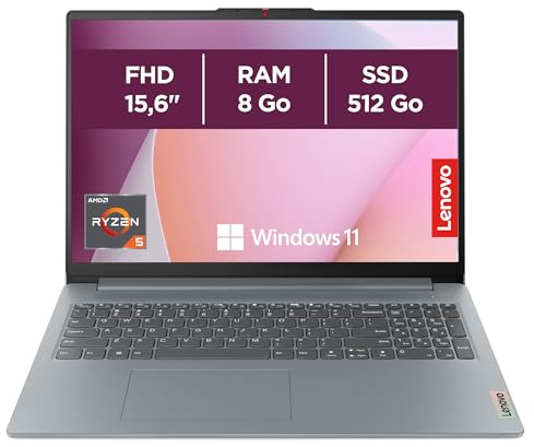 Lenovo IdeaPad Slim 3 15AMN8 - Ordinateur Portable 15.6'' FHD (AMD Ryzen 5 7520U, RAM 8Go, SSD 512Go, AMD Radeon 610M Graphics, Windows 11 Home) Clavier AZERTY Français - Gris