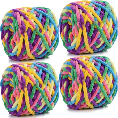 Xtrillogen - Lot de 4 pelotes de fil en chenille épaisse de 100g, laine moelleuse et duveteuse multicolore pour crochet et tricot - Fil épais et doux pour couvertures, chapeaux, coussins (segment de