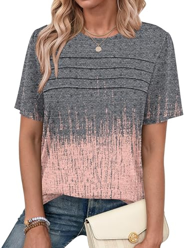 PLMOKEN Tee Shirt Femme Haut Ete Chic et Elegant Manches Courtes Tshirt Top | Blouse col rond, plis sur la poitrine, polyvalent au quotidien