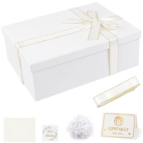 Alaoo Vit presentförpackning, 29 x 21 x 10,5 cm, premium presentförpackning | Vikbar presentask med lock, med båge, gratulationskort och raffia, lådor, vikbar för alla hjärtans dag, jul, födelsedag
