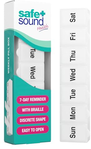 Safe + Sound Mini 7 Day Pill Box, Pocket Sized, Accessible with Braille | Pocket-sized 7 day pill box with once daily compartments. Braille markings ensure easy, accessible medication storage.