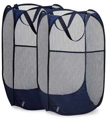 Handy Laundry Collapsible Mesh Pop Up Laundry Hamper 2-Pack – Large Foldable Laundry Basket with Side Pocket, Breathable & Durable, Space-Saving for Clothes, Toys, Travel, Dorm, Bedroom, Blue