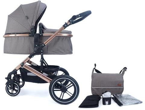 Pixini Neyla Kombi Kinderwagen mit Stoffwanne/Buggy/Wickeltasche/Getränkehalter/Regenplane/Mückennetz/Wickelauflage (gold/braun)