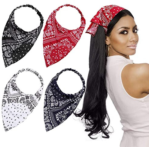 SHANHUHAI 4 Pièces Bandeau Écharpe de Cheveux Élastique Turban Écharpe de Cheveux Vintage Bandeau en Coton Foulard Triangle Écharpe de Tête Bandanas de Cheveux pour Femmes Filles
