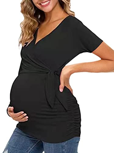 Tomwell Sweat-Shirt De Maternité à Rayures pour Femme Enceintes Grossesse Maternité Col Rond Blouse Pulls Femme Top T-Shirt De Grossesse Haut d'allaitement E Noir L