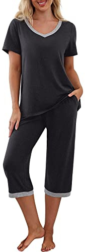PrinStory Pyjamasset för kvinnor, sovkläder, lounge-kläder, kortärmad t-shirt, capribyxor, med fickor