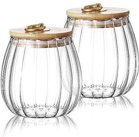 Ulable 2 Pack Glass Storage Jars Airtight Tea Coffee Sugar Canisters Kitchen Storage Containers with Bamboo Lid Metal Handle Pantry Decorative Food Storage Cans 700ml (2PCS Oval)