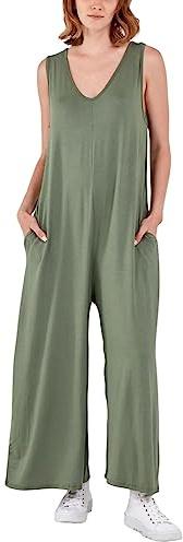STAR FASHION Ärmlös enfärgad V-ringad jumpsuit lång och lätt bekväm för sommar strandfest vardagsbruk damer vida ben sparkdräkt overaller UK en storlek 30 till 45, Khaki, en storlek