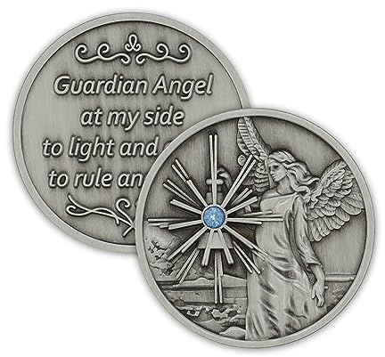 Pewter Guardian Angel Coin Affirmation Gift Token Medallion with Aqua Crystal Gemstone and Angel Prayer on Back