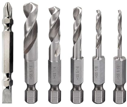 5 Piezas Juego de Brocas para Metal, Vástago Hexagonal de Cambio Rápido de 1/4, Juego de Brocas Cortas HSS M2, 3/32, 1/8, 3/16, 1/4, 5/16 Pulgadas + Destornillador