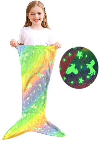MUNSKT Kids Mermaid Tail Blanket, Glow In The Dark, Wool & Fleece, Single Layered, 100 x 43 cm, Multicoloured, Rainbow Ombre Fish Scale Design