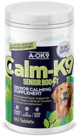 A-OK9 Calm-K9 Senior Boost Calming Supplement for Older Dogs - 60 Tablets - Reduce Anxiety, Stress or aid Barking Troubles - Natural Ingredients - Pet Remedy For All Breeds Aged 7+