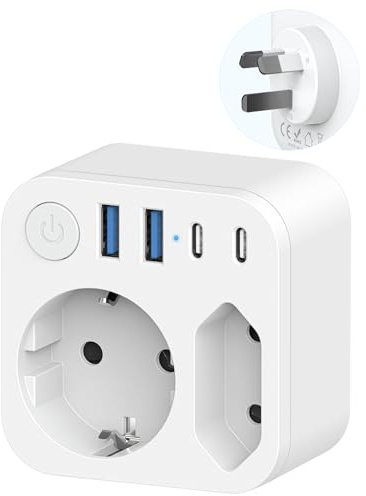 Reseadapter Australien, Tyskland, kontakt med 4 USB (2 typ C), 2-i-1 reseadapter, Nya Zeeland, resekontakt, kontaktadapter, Schuko till typ I för Nya Zeeland, Australien, Kina, Argentina