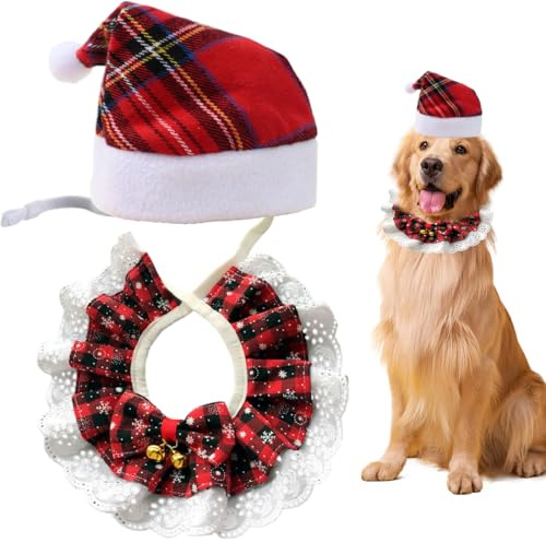 Confezione da 2 set natalizi per animali domestici, bandana natalizia per cani e cappello da Babbo Natale, sciarpa natalizia per animali domestici, bandana natalizia per cani (M)