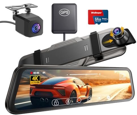 Dashcam Coche Retrovisor 4K, 10 Pantalla Táctil Camara Vigilancia Coche con Tarjeta SD 64GB, 170°, Visión Nocturn, GPS, G-Sensor, Asistencia en Reversa, Monitor de Aparcamiento, Grabación en Bucle
