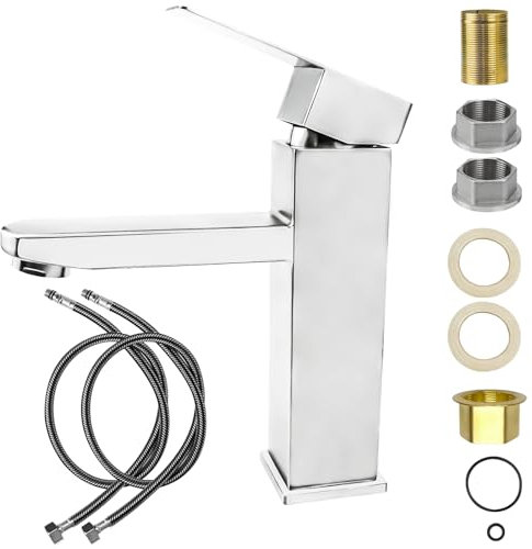 Robinet argenté Salle De Bain, Aciers Inoxydables Mitigeur Lavabo, Avec L'eau Froide Et Chaude Disponible, Robinet Lavabo Avec Deux Tuyaux, Pour Les Toilettes, La Salle De Bain