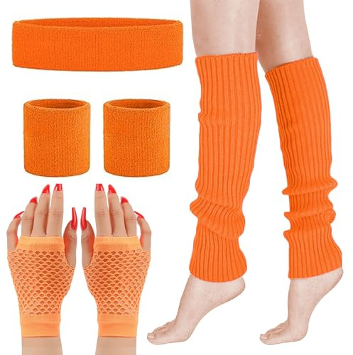 MUNSKT 5 Colors Leg Warmers Fishnet Gloves Headband Wristbands Neon Set, 80s Women Fancy Dress Costume Accessories, 1980s Retro Theme Party Costumes (orange)