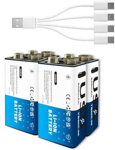 4 Pack USB 9V Li-ion Rechargeable Battery, High Capacity 650mAh Rechargeable 9V Battery, 1.5 H Fast Charge, 1200 Cycle with Type C Port Cable, for Smoke Alarms,Multimeters,Microphones, Walkie Talkie