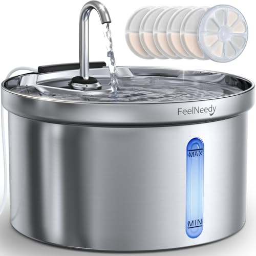 Fuente para Gato Acero Inoxidable FEELNEEDY 3.5L Bebedero Gatos - Automatico Fuente Gatos-Ultrasilenciosa, con Filtración 3 Etapas, Mantiene el Agua Fresca con 6 Set Filtros + Adaptador USB