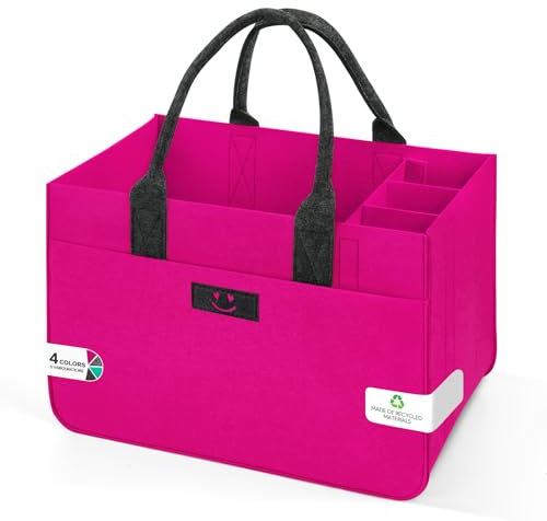 Eurhomewit filt shoppingkorgar, filtväska, shoppingväska med fack, filtväska, stor 30 l, vikbar flaskväska, vedväska, klädkorg, leksaksväska (Smiley Magenta mörkgrå/1 stycken)