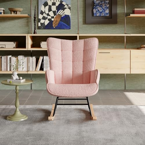 Yeutre Sillón de Lactancia Acolchado, Sillas Mecedora con Respaldo a Cuadros Alto Escandinavo Sillón Relax para Salón Dormitorio Balcón Sala de Estudio,Terciopelo Teddy (Rosa, 68 x 75 x 92 cm)