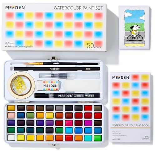 MEEDEN Travel Watercolor Paint Set: 50 Colors Watercolor Paints for Beginner with Brushes & Concertina Coloring Book - portable Water Color Kit for Adult Painting On the Go
