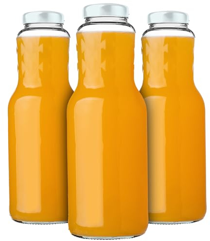 KADAX glasflaskor 1 l, 3 stycken, juiceflaskor med skruvlock fi53 mm, tomma flaskor för konservering och fyllning, konserveringsflaskor för juice, bred halsflaska (vit)
