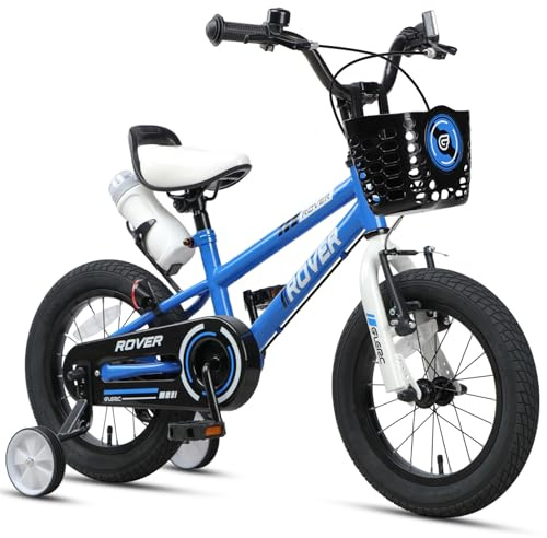 Glerc Rover barncykel 14 tum för barn 3 4 5 år gamla pojkar flickor cyklar med flaska och stabilisatorer och papperskorg, blå