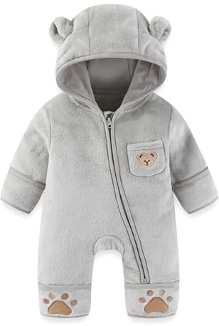JiAmy Nyfödd Baby Snödräkt Fleece Vinter Snödräkt, Björn Med Huva Sparkdräkt Tecknad Baby Flickor Pojkar Kläder 0-12 Månader, Lätt-Grå, 6-9 Månader