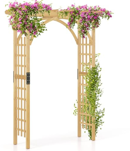 HOMASIS Gartenbogen Holz, Rosenbogen für Rosen & Kletterpflanzen, Rankhilfe für Hochzeit Garten Partys, Rankgitter Spalier Torbogen Rosengitter Pflanzenstütze mit Dach (Natur, 160 x 60 x 216 cm)