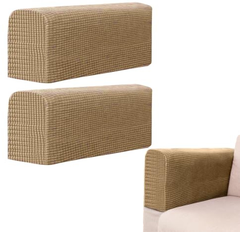 BEZHO 2 Fundas para Reposabrazos de Sofá, Protectores de Brazos de Sillón Antideslizantes y Elásticos, Cubiertas Gruesas para Sofá y Sillón Reclinable (Color Caqui)