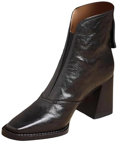 Botas de tobillo retro para mujer, botas cortas de tacón alto para mujer, estilo retro, a la moda, apiladas, con cremallera trasera, antideslizantes, zapatos de vestir para citas casuales, Black, 38.5