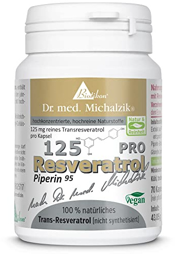 Resveratrol Sirtuin 125 PRO Dr. med. Michalzik - Trans-Resveratrol jap.-Staudenknöterich-Wurzel Extrakt - mgReinheitsgrad 98% Piperin 5 mg - ohne Zusatzstoffe - von BIOTIKON®