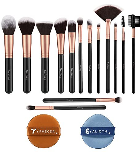 Nestling Makeup Brushes Rose Golden 14 Pcs Makeup Brush Set with 2 Powder Puffs Premium Synthetic Kabuki Brushes for Foundation Face Powder Blush Eyesshadow Cruelty- Free