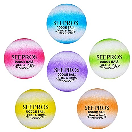 SEEPROS Foam Dodgeball Set Gator Balls - Soft Skin, Low Bounce, Neon Color, Set of 6 with Mesh Storage Bag for Kids and Adults 6 Inch