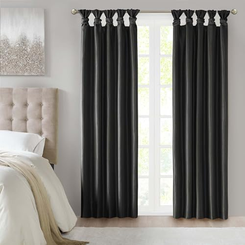 Madison Park Emilia Faux Silk Total Blackout Single Curtain with Privacy Lining, DIY Twist Tab Top, Window Drape for Living Room, Bedroom and Dorm, 84 L x 50 W, Black
