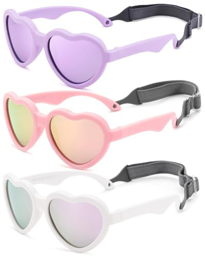 COASION Baby's First Sunglasses with Strap, 3 Pack Unbreakable Polarized Newborn Infant Heart Sunglasses for Ages 0-24 Months (White/Purple Mirror+Pink/Pink Mirror+Purple/Purple Mirror)