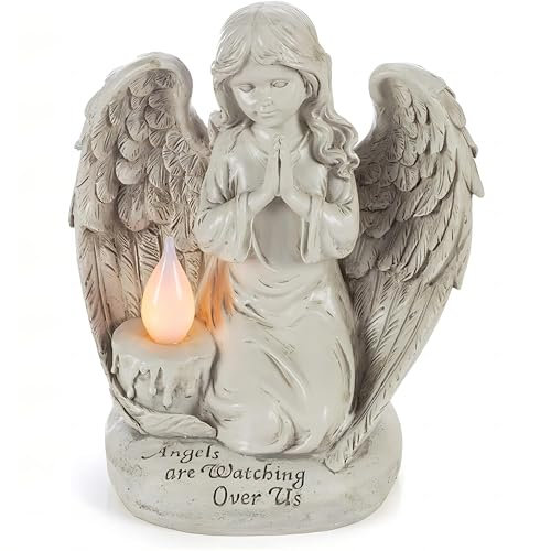 FIYSON Figura de ángel solar de jardín, alas rezando, figura de ángel de la guarda LED, decoración para tumba, resistente a la intemperie, para césped, patio, terraza, alféizar de ventana, 22 x 20 x