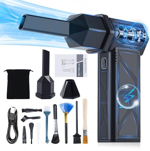 CHANGEMOORE 2 IN 1Compressed Air Duster PC Cleaner, 150000RPM 3 Adjustable Speeds Air Blower, Cordless Brushless Motor Electric Air Duster for Car Home PC Deep Keyboard Cleaning