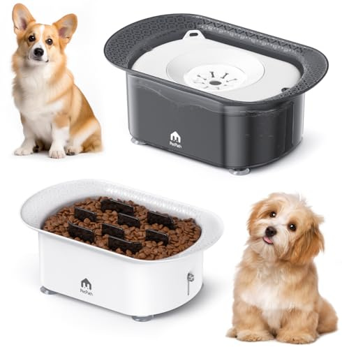 Dog Water Bowl,No Spill Water Bowl for Dogs Reduce Refill & 2-6 Cups Slow Feeder Dog Bowls 2Pieces,Anti Splash No Mess Dispenserl,Anti-Choking Puzzle Food Bowls(with Suction Cup Foot Pad)